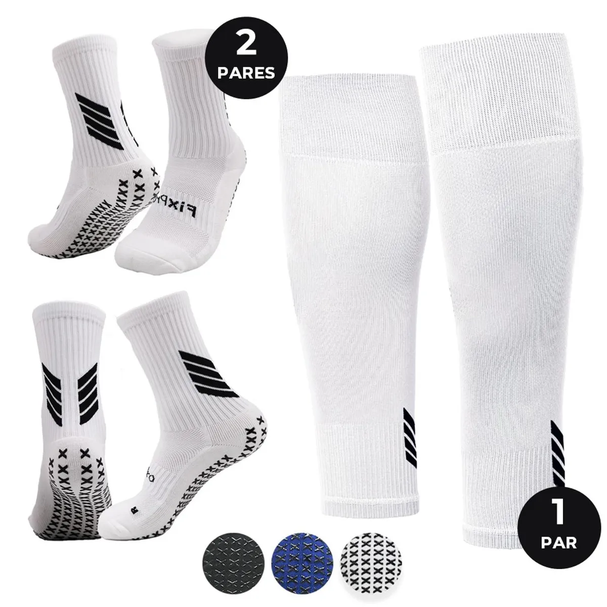 FITNICS - Medias Futbol Niños Antideslizante Set 2 + 1 Pantorrillera - Blanco