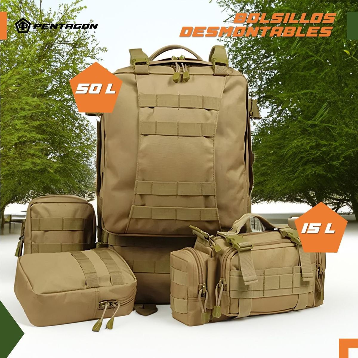 FITNICS - Morral Bolso Maleta Tactica Militar Camping 50l Impermeable - Cafe-
