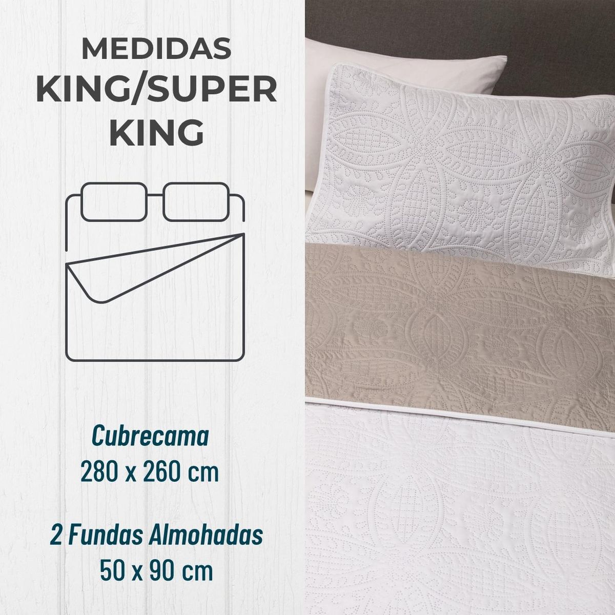 CASATUA - Cubrelecho Edredon King Estampado Doble Faz + Fundas - Blanco - King