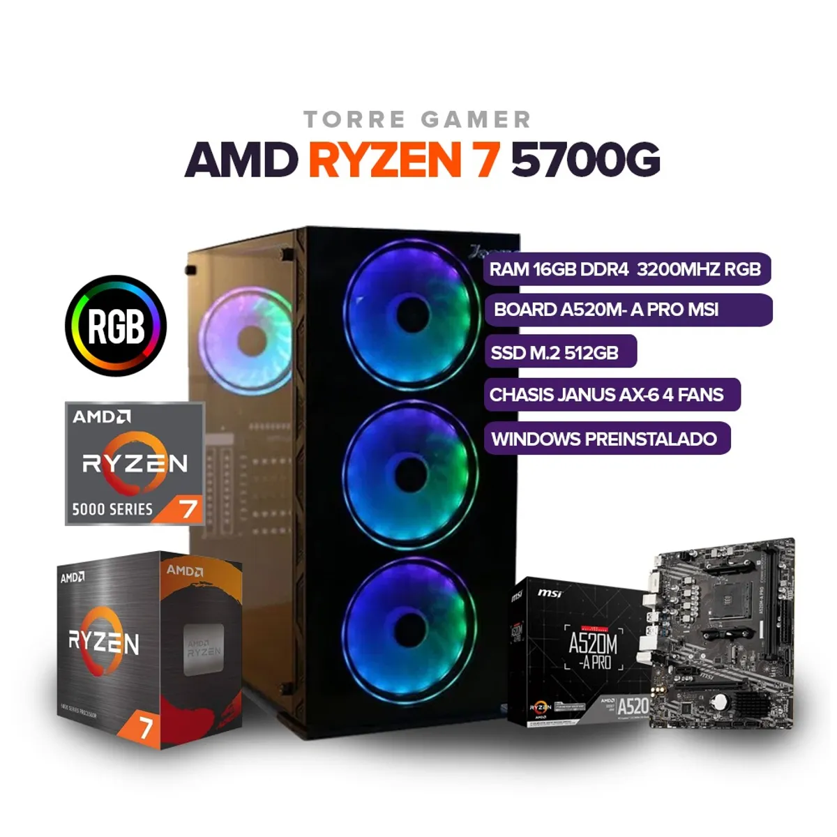 AMD - Torre Gamer Ryzen 7 5700G/ RAM 16GB / SSD 512GB / BOARD A-520M