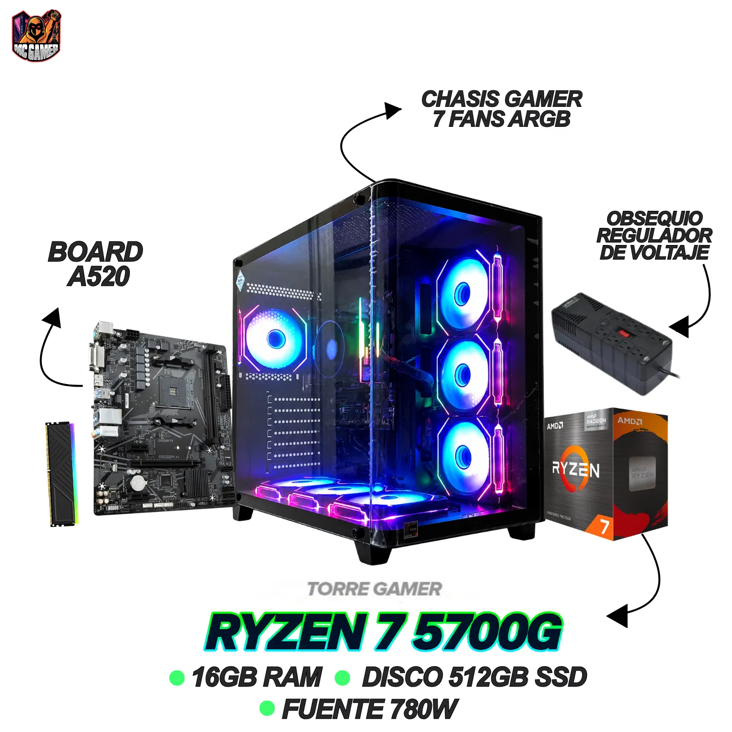 TORRE GAMER RYZEN 7 5700G - 16GB RAM - 512GB SSD M.2 - CHASIS 7