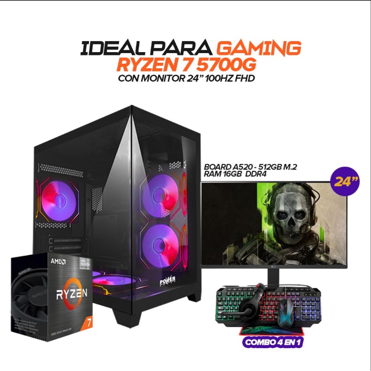 AMD - TORRE GAMER RYZEN 7 5700G / 16GB RAM / 512GB SSD / BOARD A520M-A / MONITOR 24" FHD 100Hz
