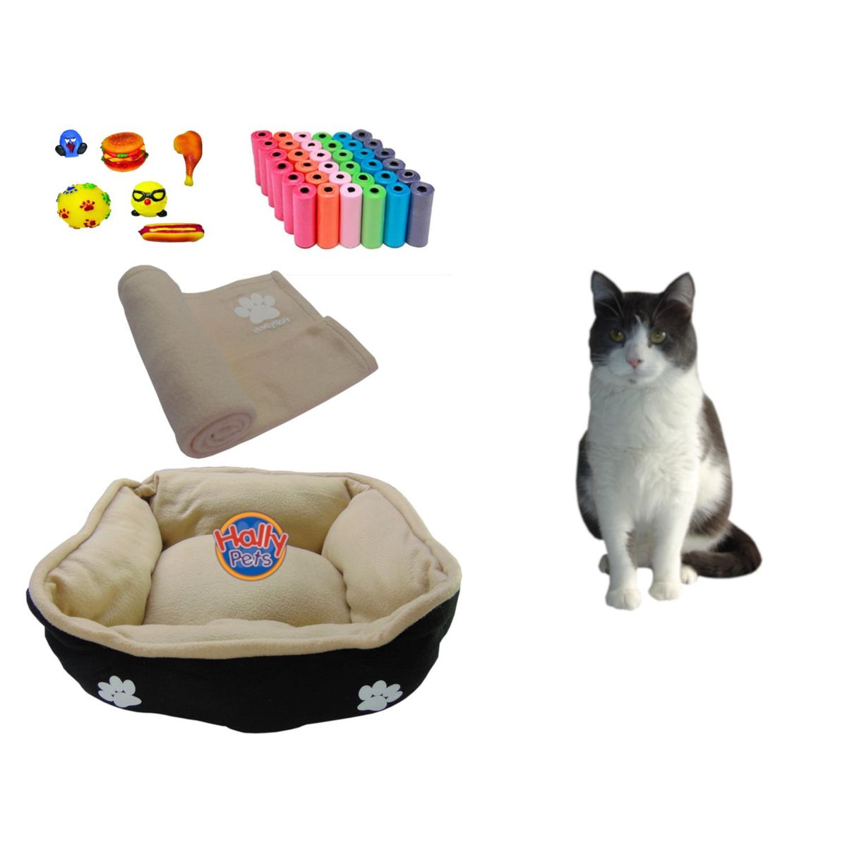 HALLY PET - Cama Mediana Doble faz cobija bolsas dos juguetes y comedero
