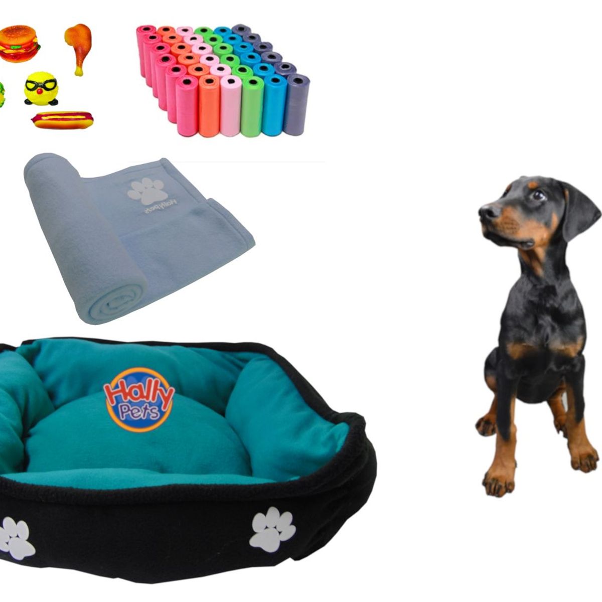 HALLY PET - Cama Mediana Doble faz cobija bolsas dos juguetes y comedero