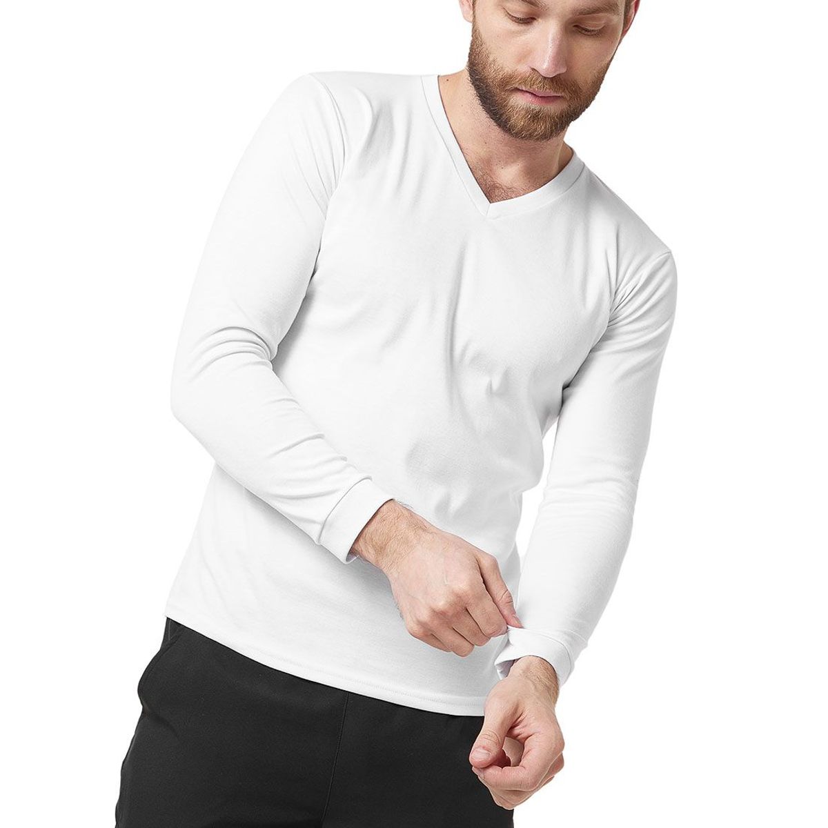 SANTANA - Camiseta Hombre Cuello V Manga Larga Blanca Santana