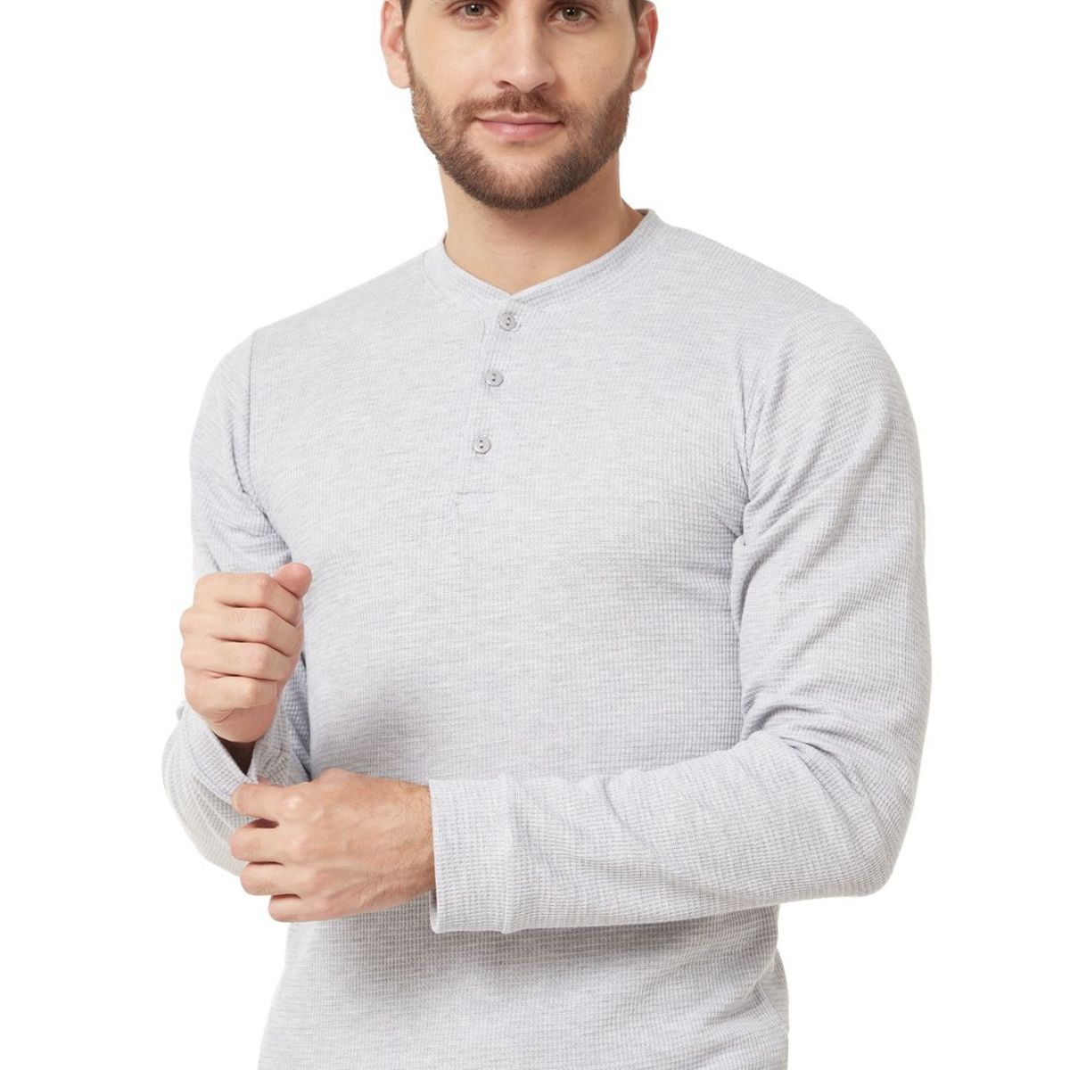 SANTANA - Camiseta Hombre Cuello Botones Manga Larga Henley Santana Gris Claro