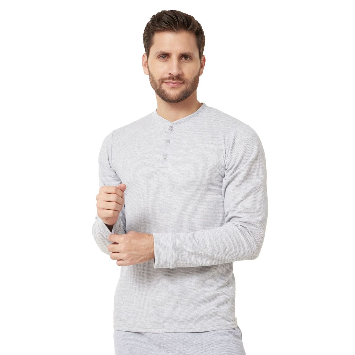 SANTANA - Camiseta Hombre Cuello Botones Manga Larga Henley Santana Gris Claro