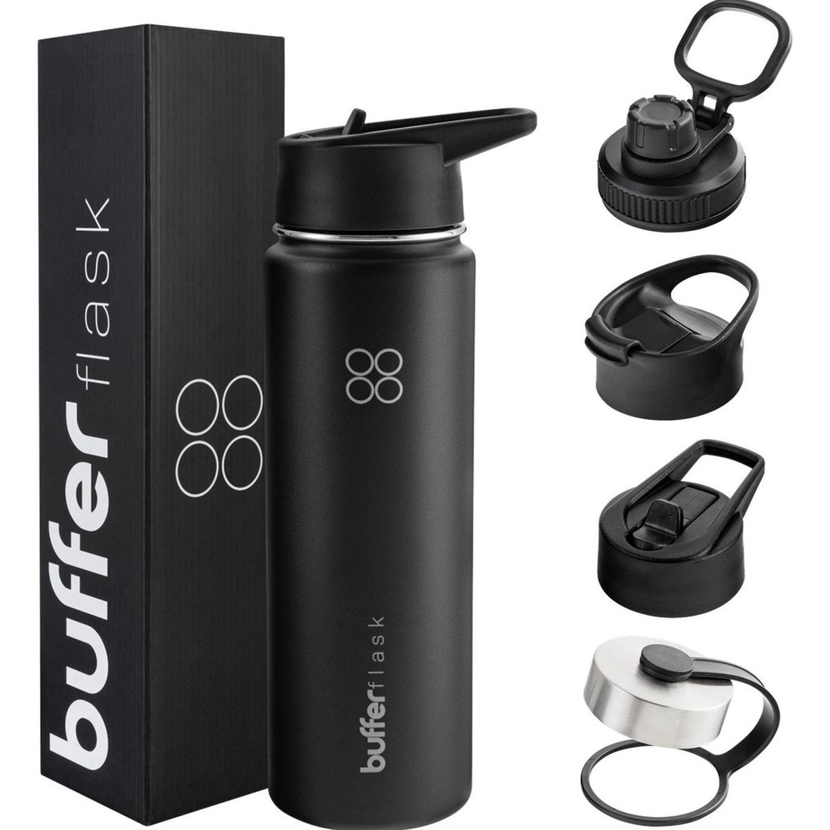 BUFFER FLASK - Termo Botella Agua Termica Inox Buffer+Tapas - Negro.-