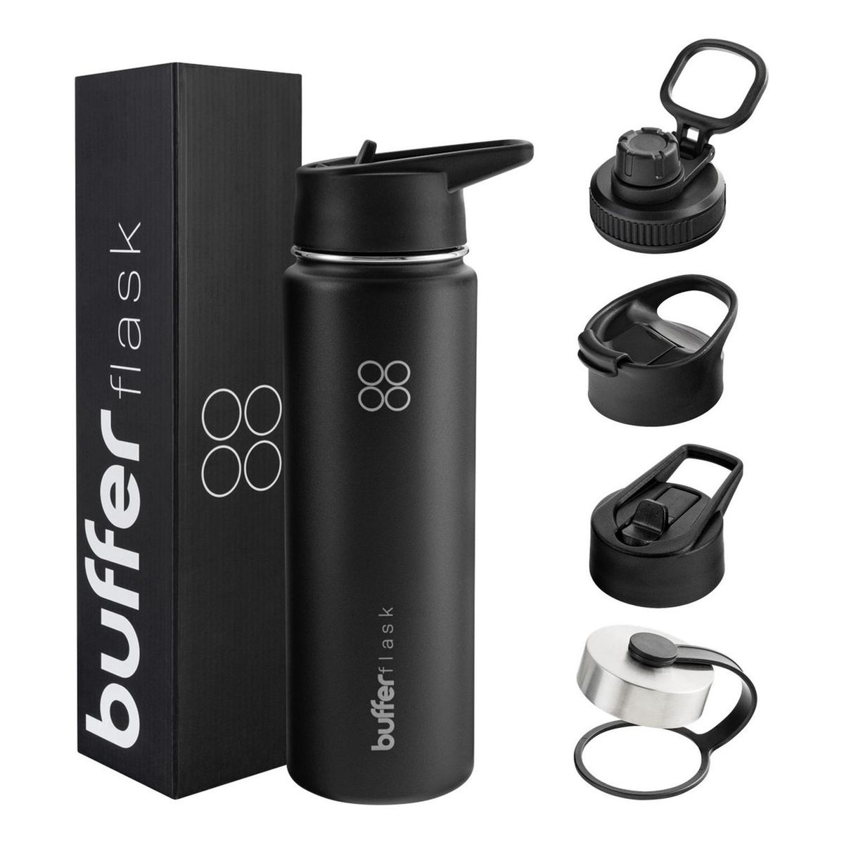 BUFFER FLASK - Termo Botella Agua Termica Inox Buffer+Tapas - Negro.-