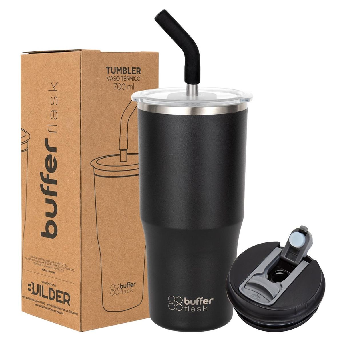 BUFFER FLASK - Mug Vaso Termo Agua Cafe 700 Acero Inox + Tapas - Negro