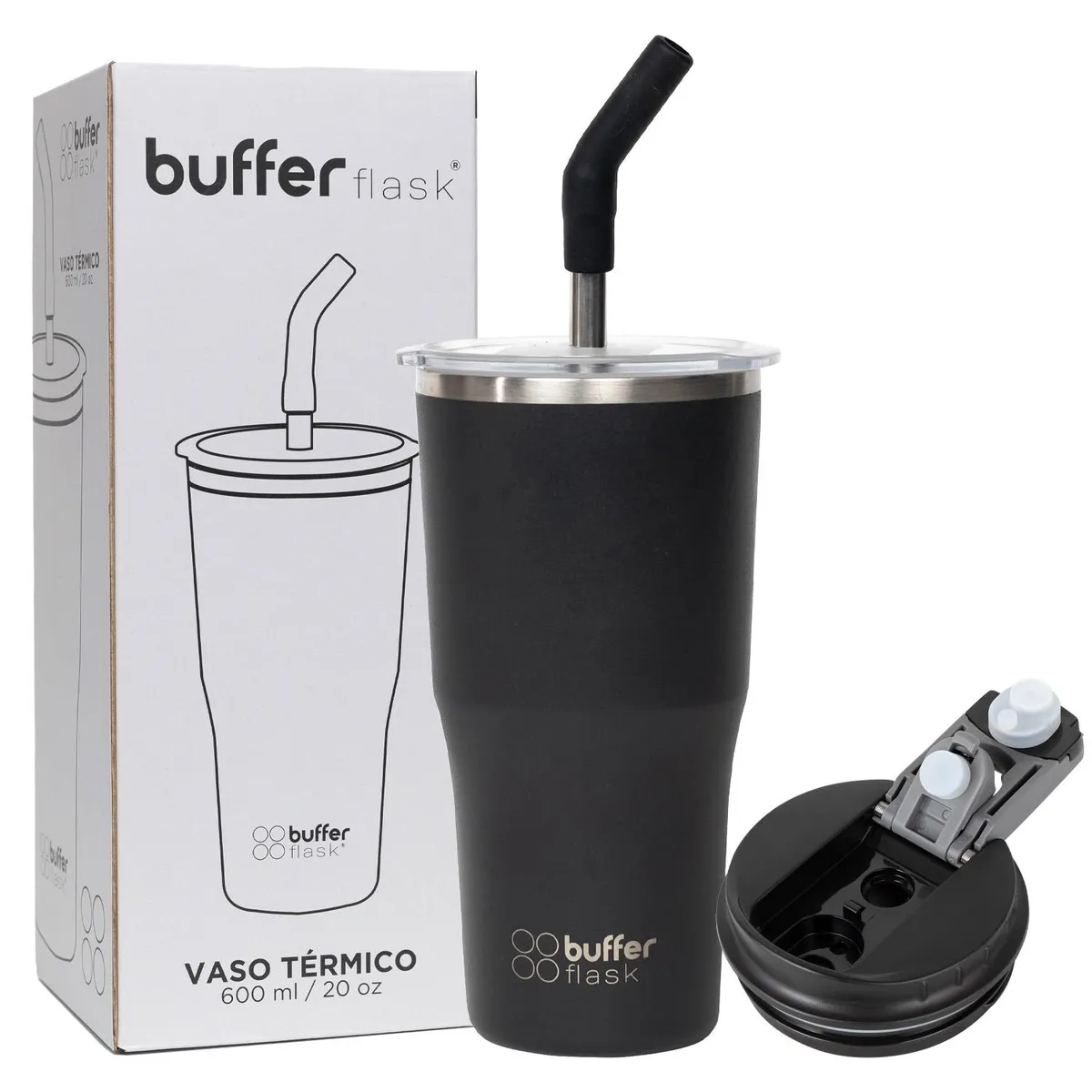BUFFER FLASK - Mug Vaso Termo AguaCafe 570 Acero Inox+Tapas - Negro-
