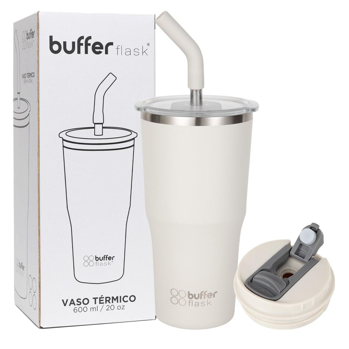 BUFFER FLASK - Mug Vaso Termo AguaCafe 570 Acero Inox+Tapas - Blanco-