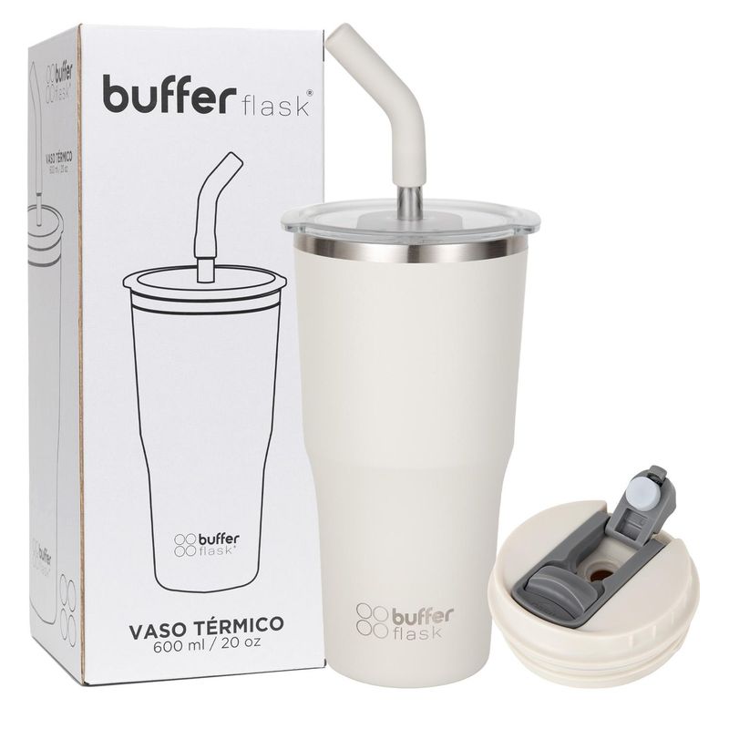 BUFFER FLASK - Mug Vaso Termo AguaCafe 570 Acero Inox+Tapas - Blanco-
