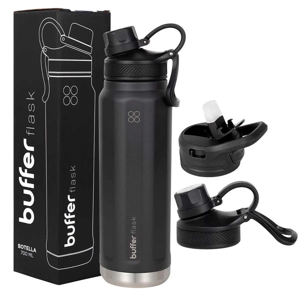 BUFFER FLASK - Termo Botella Agua Acero Inox Buffer+Tapas - Negro