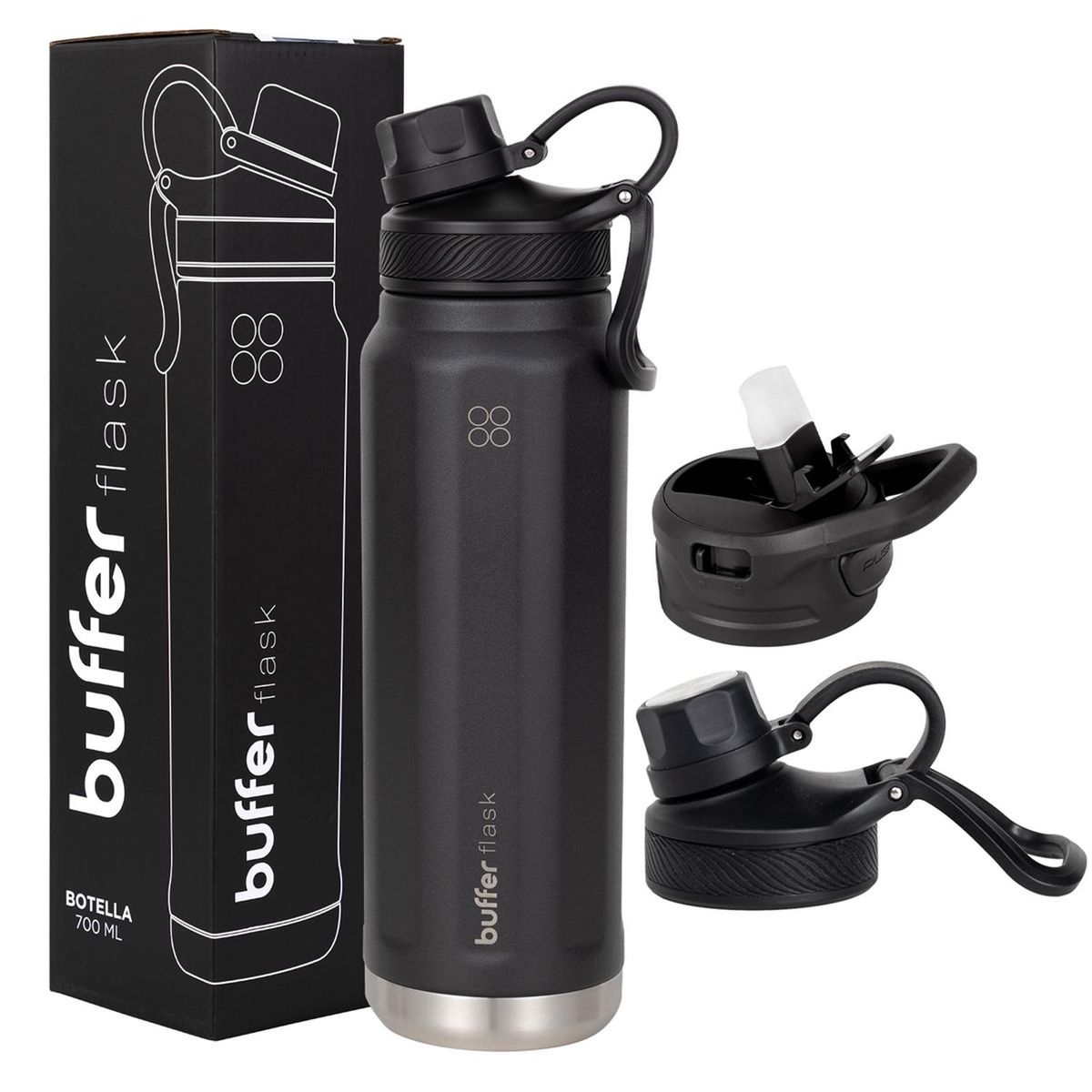 BUFFER FLASK - Termo Botella Agua Acero Inox Buffer+Tapas - Negro