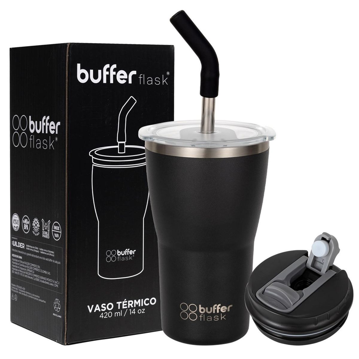 BUFFER FLASK - Mug Vaso TermoAguaCafé 400Buffer Acero Inox+Tapas - Negro