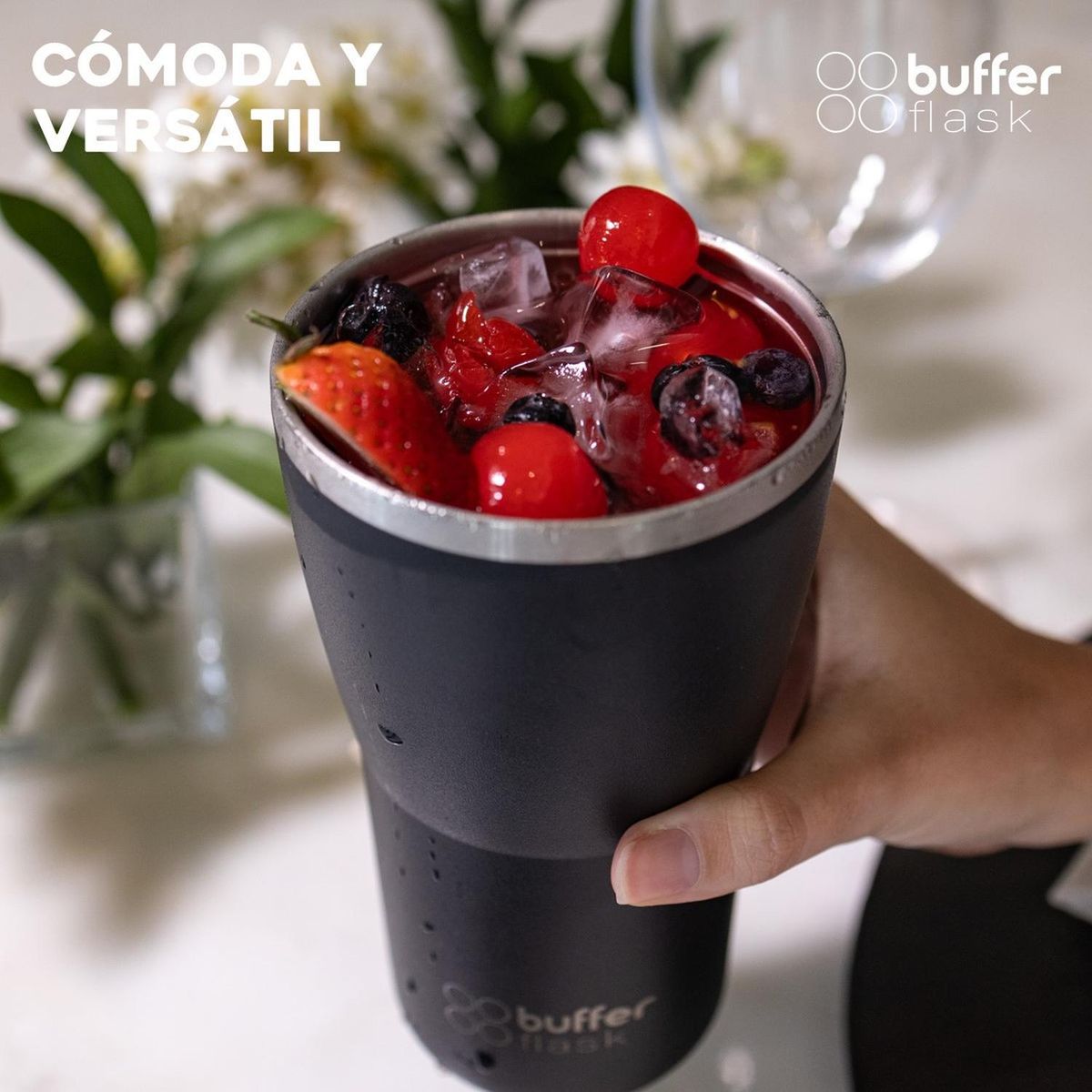 BUFFER FLASK - Mug Vaso TermoAguaCafé 400Buffer Acero Inox+Tapas - Negro