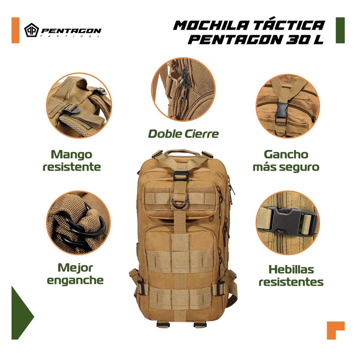 LINKON - Morral Bolso Maleta Tactica Militar Camping 30l Impermeable - Ocre
