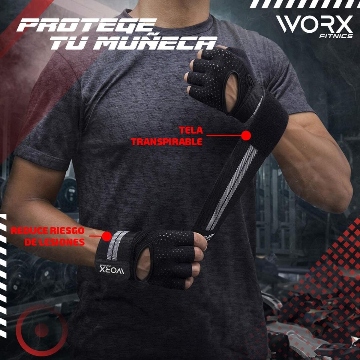 WORX - Guantes Con Muñequera Worx Entrenamiento Gimnasio Gym - Negro - XL
