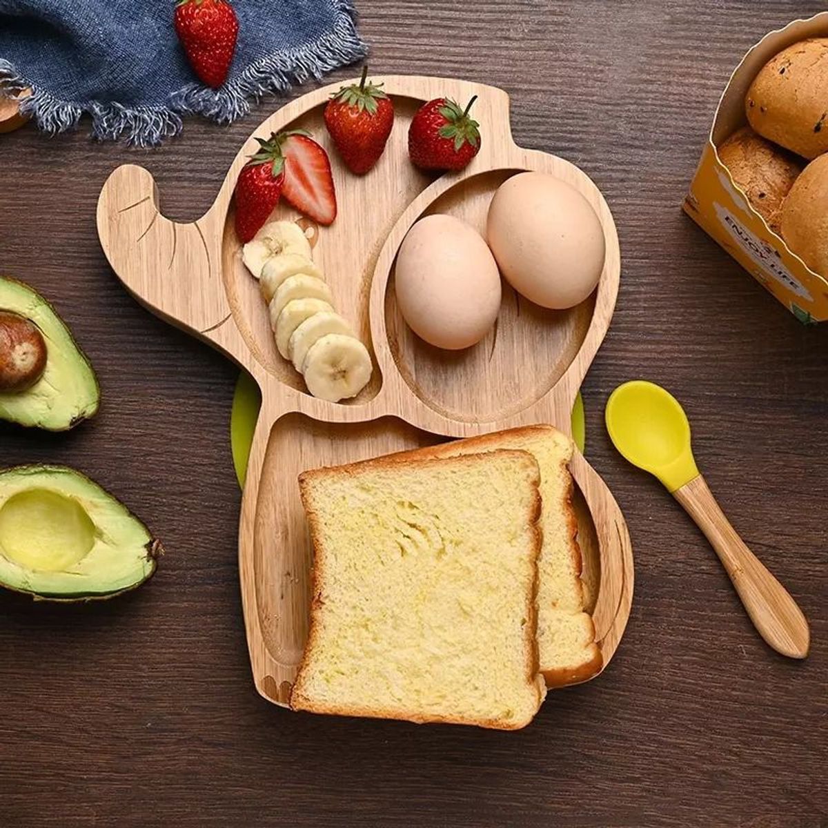 GENERICO - Plato Bambú Con Ventosa De Succión Mas Cuchara - ELEFANTE