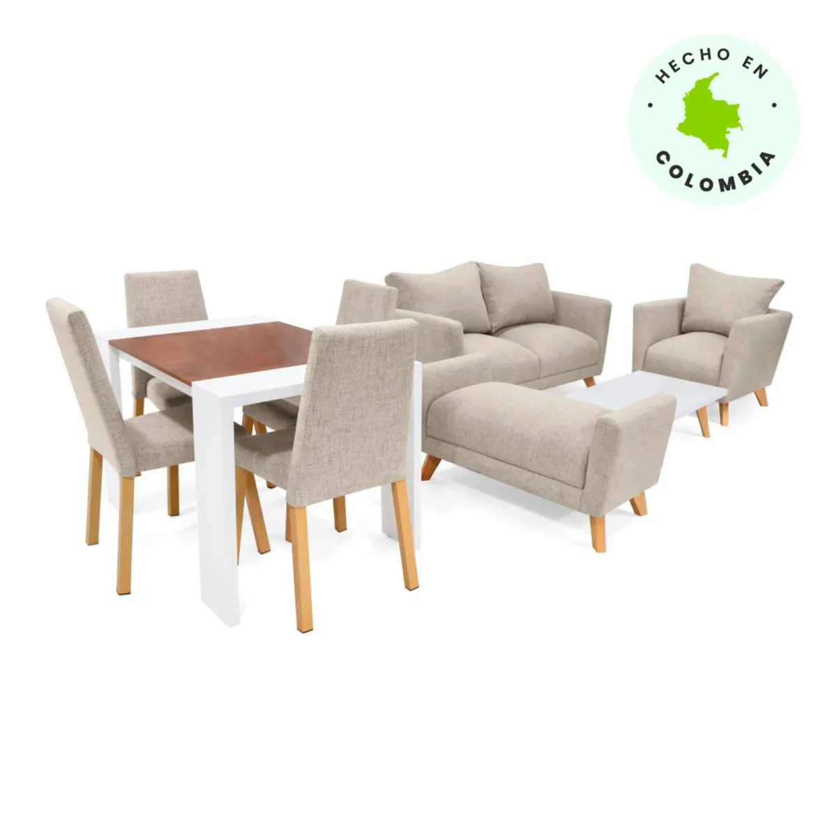 MICA - Juego de Sala Moderno en Tela (Sofá 2 Puestos + Poltrona + Puff + Mesa de Centro + Comedor 4 Puestos) Túnez Colonia Mica