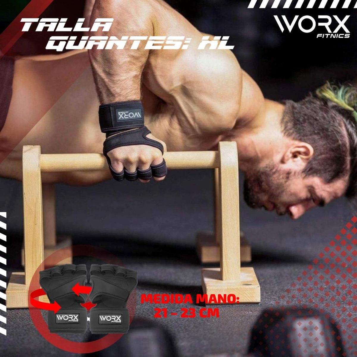 WORX - Guantes Muñequera Para Gimnasio Worx Pesas Deporte - Negro - XL-