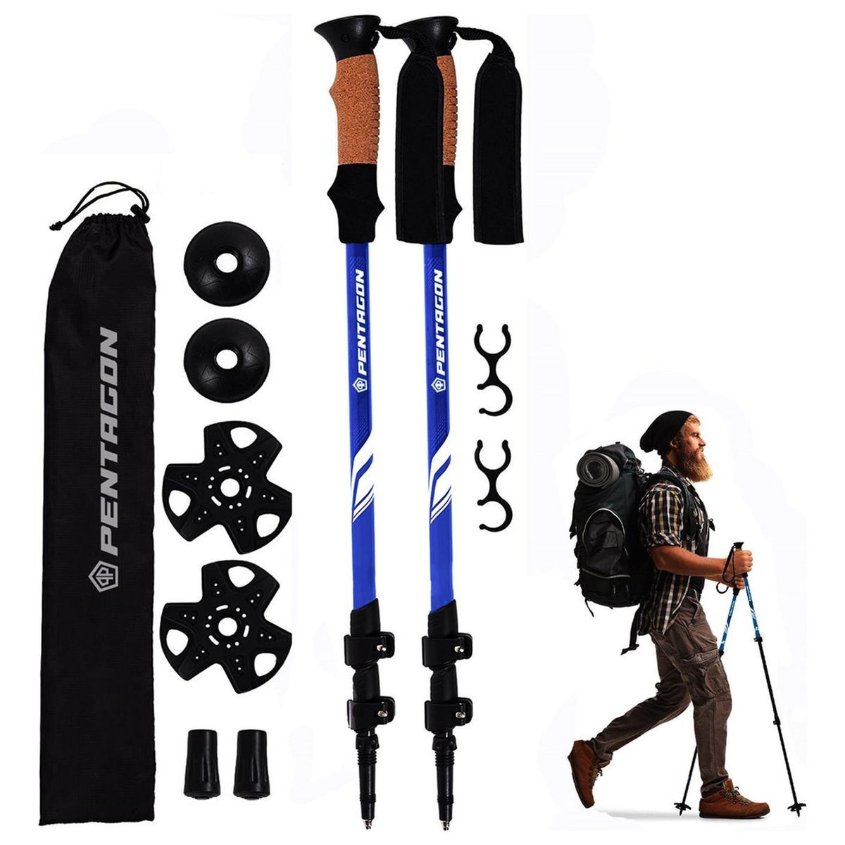 FITNICS - Bastones Trekking Senderismo X2 Plegables Aluminio Pentagon - Azul