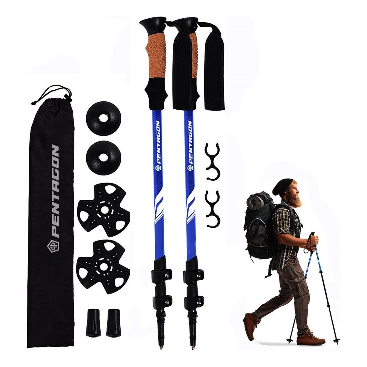 FITNICS - Bastones Trekking Senderismo X2 Plegables Aluminio Pentagon - Azul