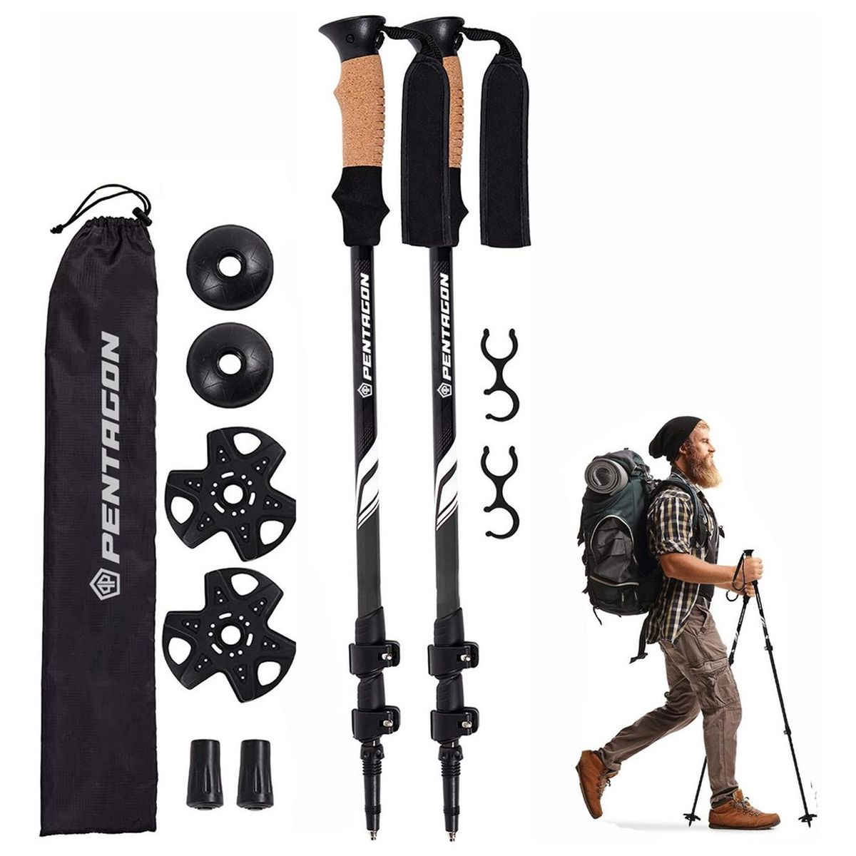 FITNICS - Bastones Trekking Senderismo X2 Plegables Aluminio Pentagon - Negro-