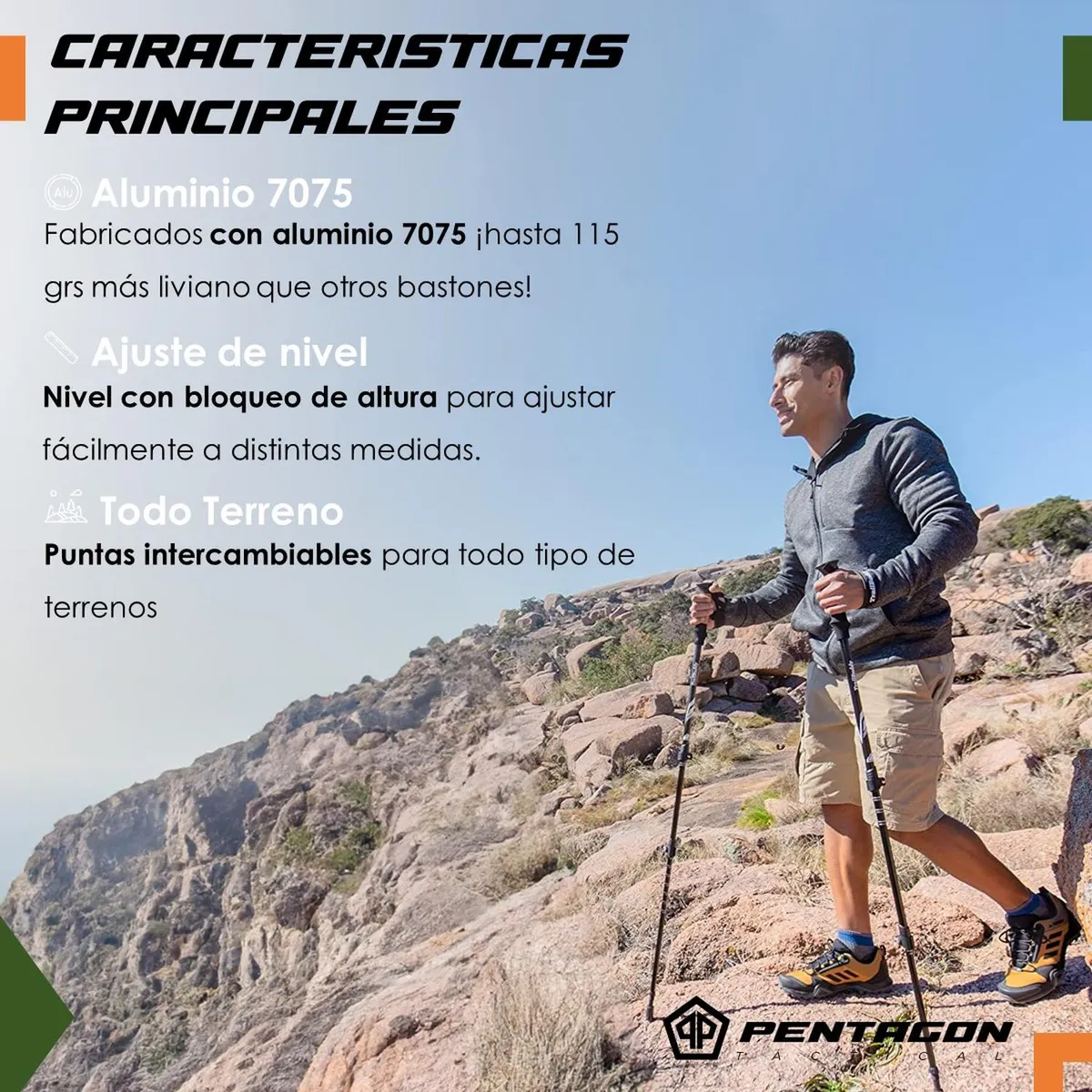 FITNICS - Bastones Trekking Senderismo X2 Plegables Aluminio Pentagon - Negro-