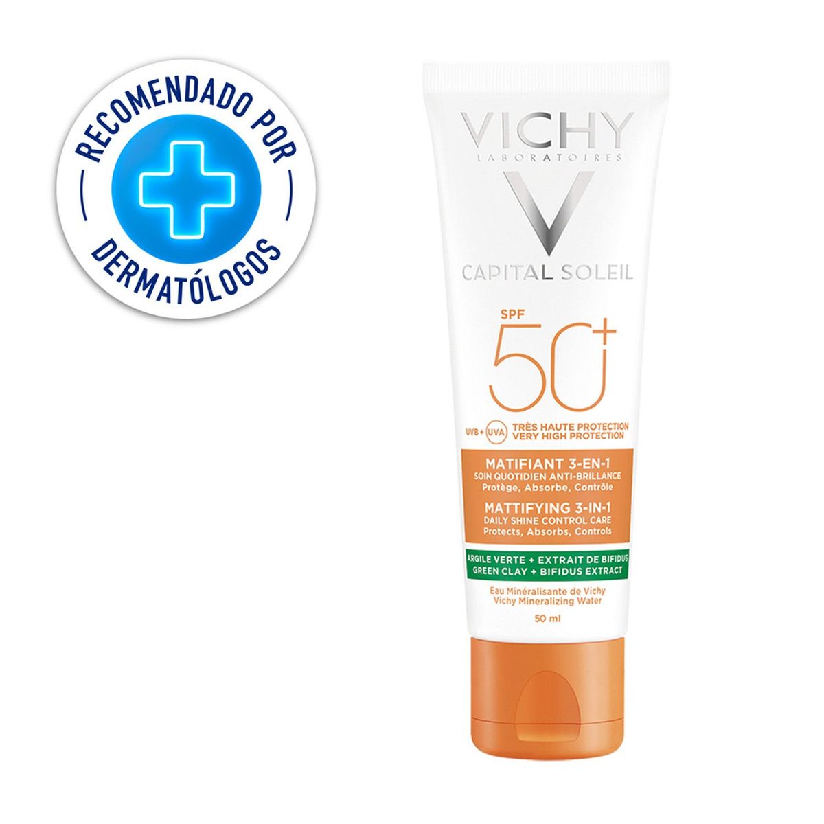 VICHY - Protector Solar Vichy Capital Soleil Matificante 3 en 1 SPF50+  Antimanchas con Arcilla Verde 50ml