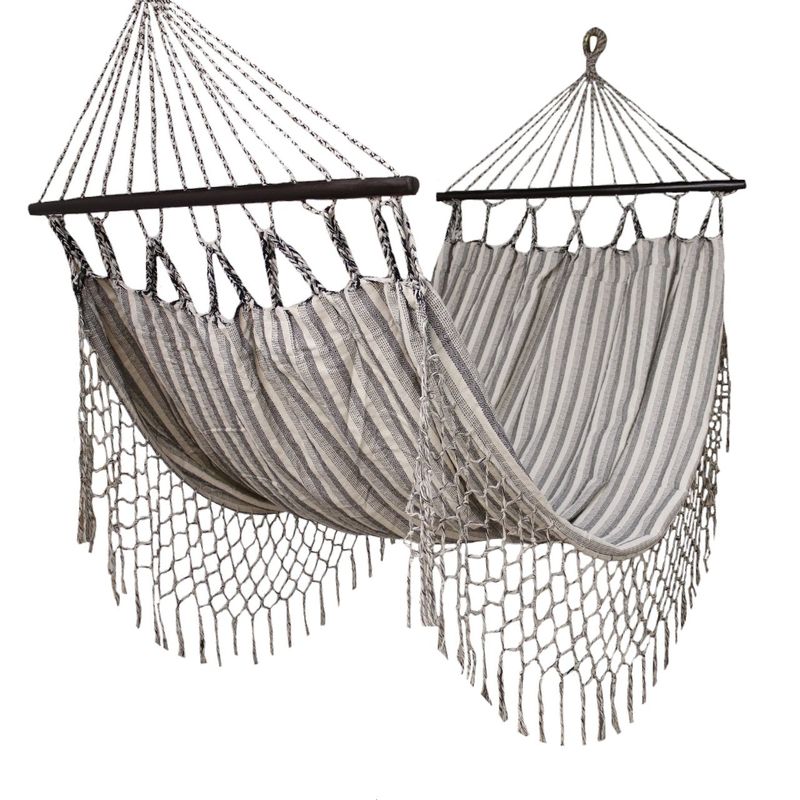GENERICO - Hamaca en Algodón con flecos Artesanal Soporte de Madera Beige Rayas