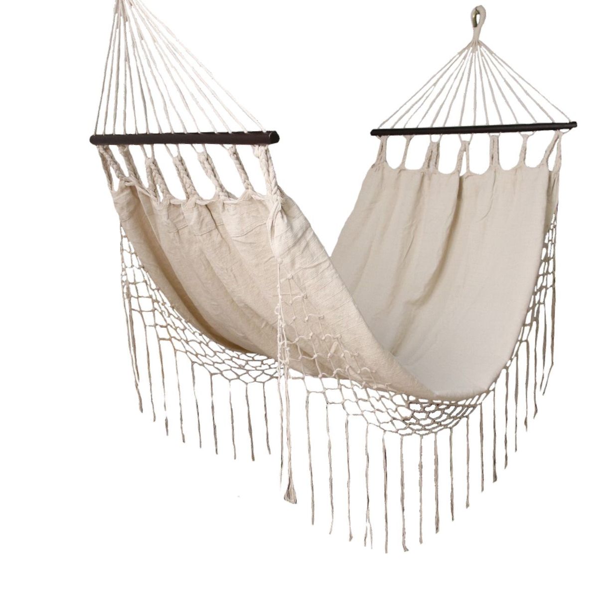 GENERICO - Hamaca en Algodón con flecos Artesanal con Soporte de Madera Beige