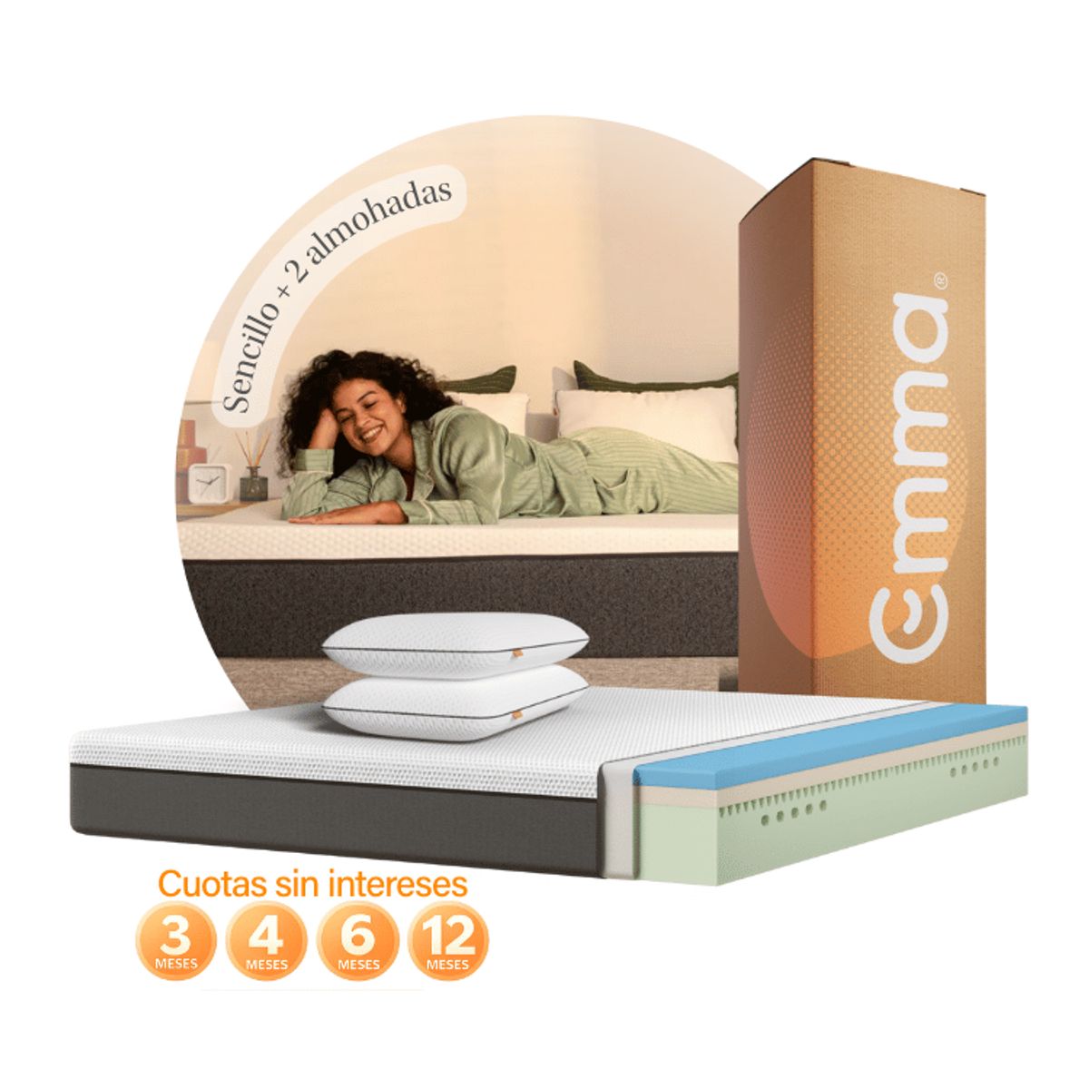 EMMA - Colchón Emma Original Sencillo + 2 Almohadas con Tecnología Alemana.