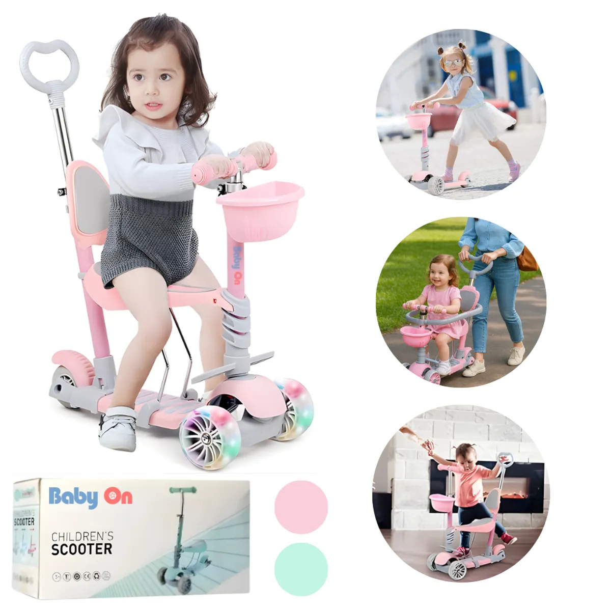 BABY ON - Scooter Patineta 5 En 1 Para Bebes Y Niños Con Descansapies Rosa