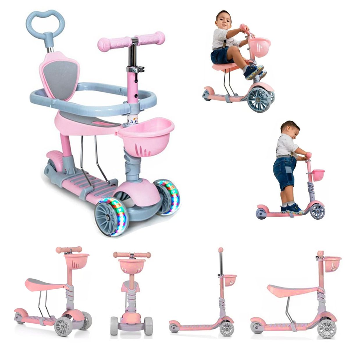 BABY ON - Scooter Patineta 5 En 1 Para Bebes Y Niños Con Descansapies Rosa
