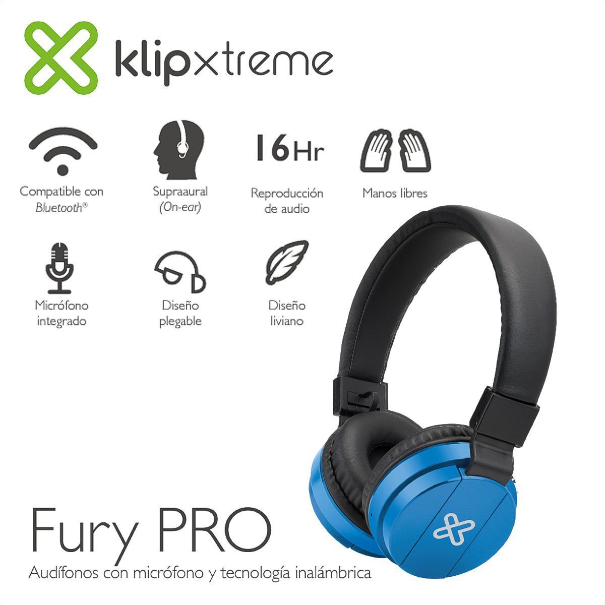 KLIP XTREME - Diadema Manos Libres Bluetooth Klip Xtreme Fury Pro Azul