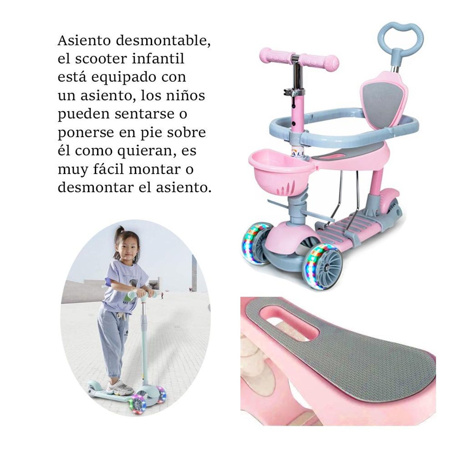 Patinete Infantil De 3 Ruedas Con Luces LED – Plegable, Altura Ajustable 65-95 Cm, Hasta 100 Kg, Para Niños De 3 A 12 Años
