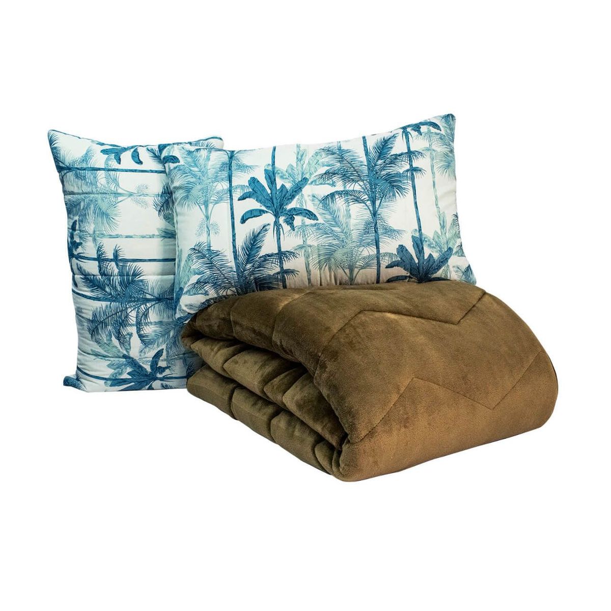 REALTEX - Edredón  Acolchado Real Tex Doble Faz Confort Flannel  Palmeras y Flannel Café