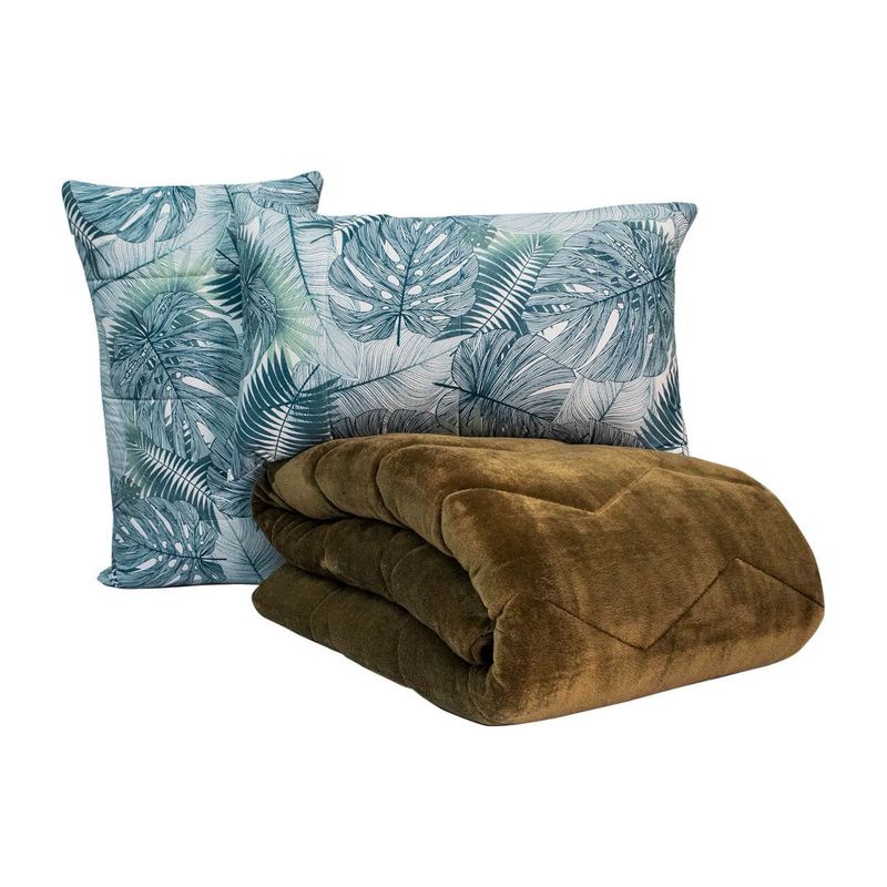 REALTEX - Edredón  Acolchado Real Tex Doble Faz Confort Flannel  Hojas Menta y Flannel Café