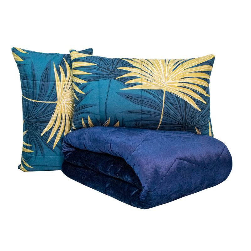 REALTEX - Edredón  Acolchado Real Tex Doble Faz Confort Flannel  Hojas Doradas y Flannel Azul