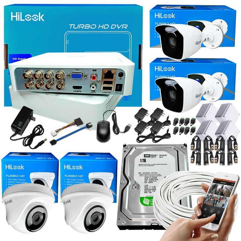 HILOOK - KIT HIKVISION HILOOK DVR 8CH 1080P + 4 CÁMARAS DE SEGURIDAD CCTV + DISCO 1 TB