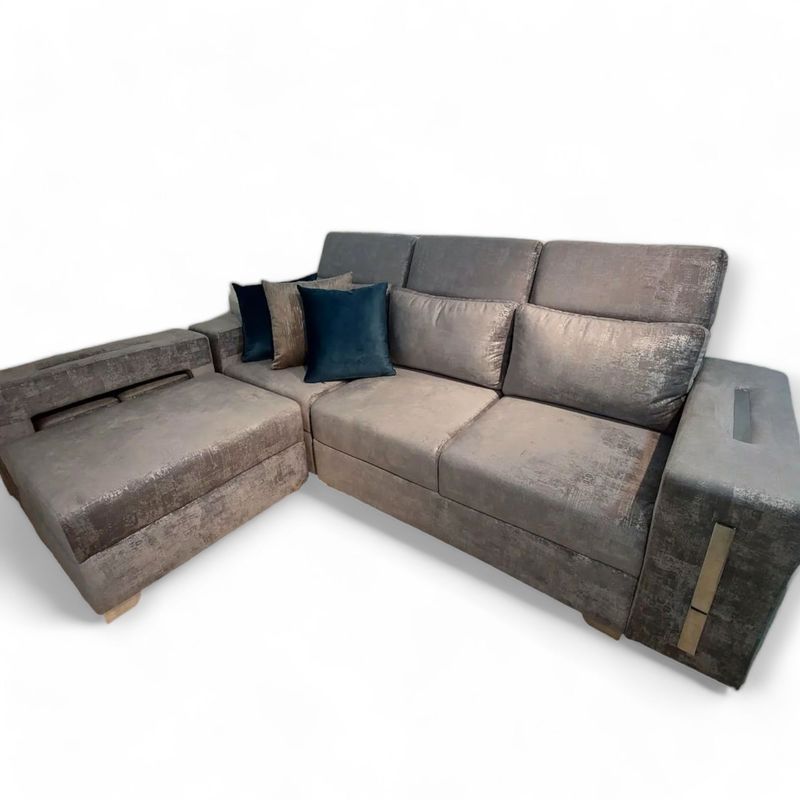 GENERICO - Muebles Modernos en L Sala con Sofá esquinero y 5 Puff en Color Gris