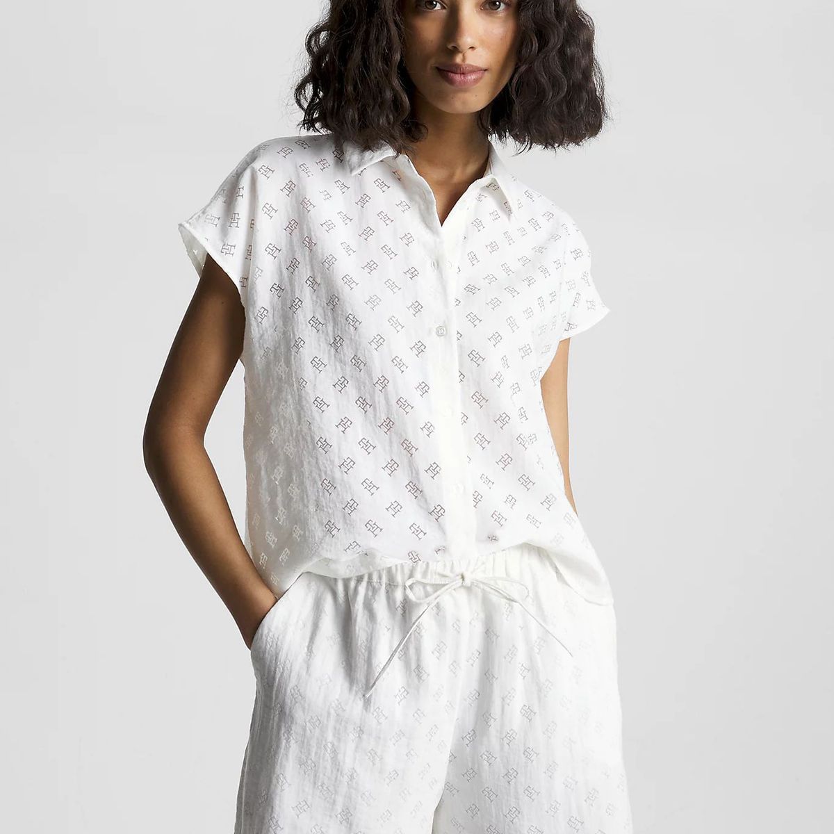 TOMMY HILFIGER - Camisa De Manga Corta Con Monograma Devore Mujer Blanco Tommy Hilfiger