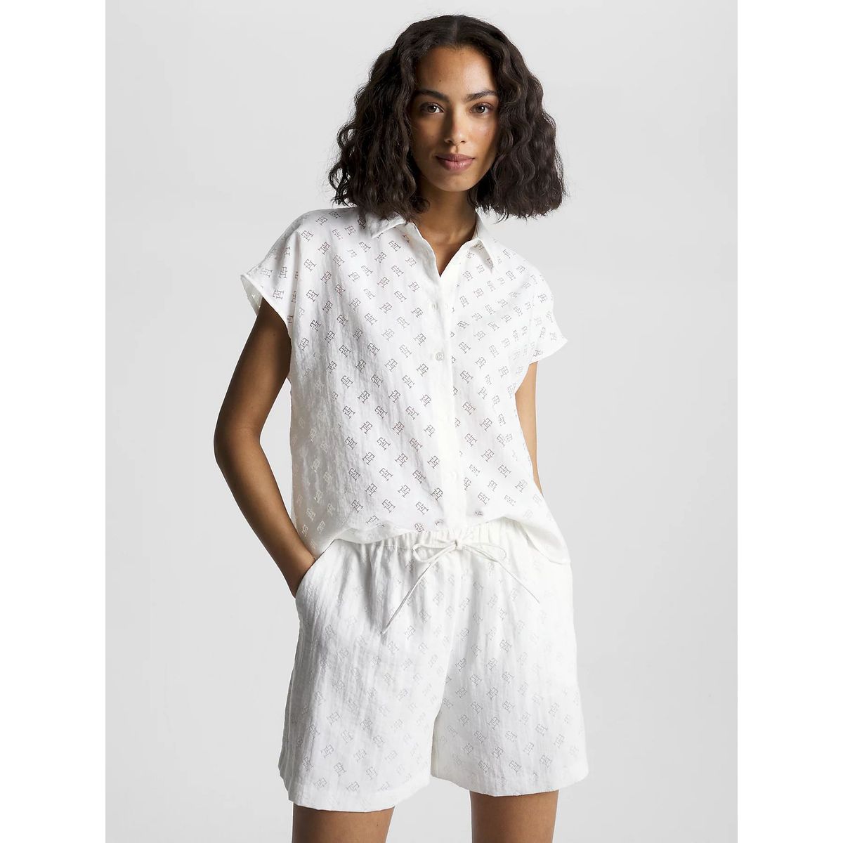 TOMMY HILFIGER - Camisa De Manga Corta Con Monograma Devore Mujer Blanco Tommy Hilfiger