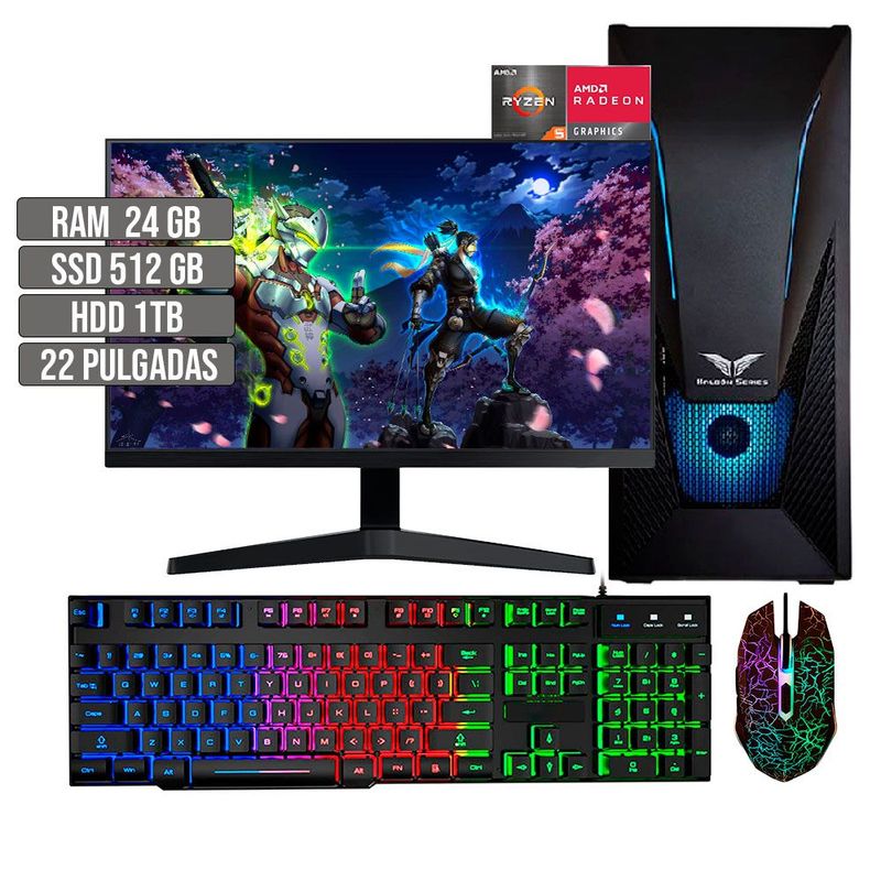 HALCON - PC EQUIPO GAMER AMD RYZEN 5 5600G SSD 512GB + HDD 1TB RAM 24GB LED 22" FHD