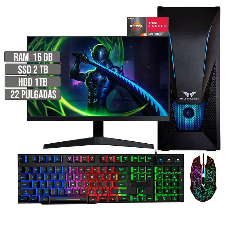 HALCON - PC EQUIPO GAMER AMD RYZEN 5 5600G SSD 2TB + HDD 1TB RAM 16GB LED 22" FHD