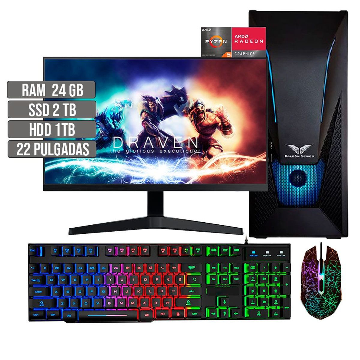 HALCON - PC EQUIPO GAMER AMD RYZEN 5 5600G SSD 2TB + HDD 1TB RAM 24GB LED 22" FHD
