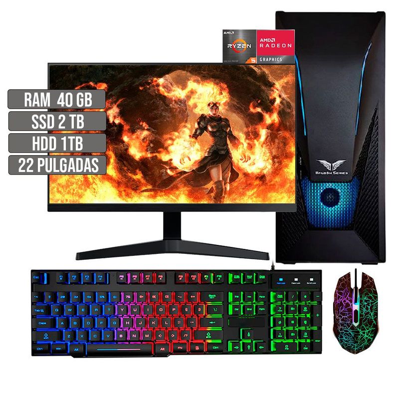 HALCON - PC EQUIPO GAMER AMD RYZEN 5 5600G SSD 2TB + HDD 1TB RAM 40GB LED 22" FHD