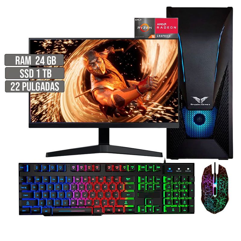 HALCON - PC EQUIPO COMPUTADOR GAMER AMD RYZEN 5 5600G SSD 1TB RAM 24GB LED 22" FHD
